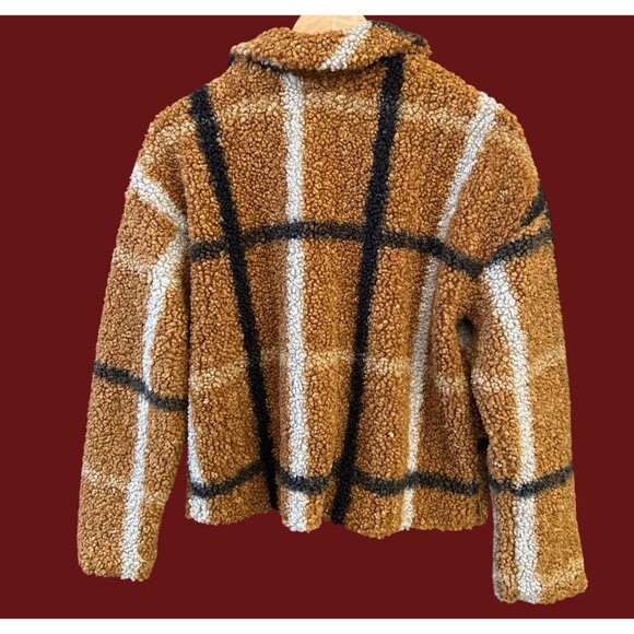 Stoosh Plaid Sherpa Teddy Jacket Brown Black White Check Cozy Retro Y2K Style - Picture 4 of 5